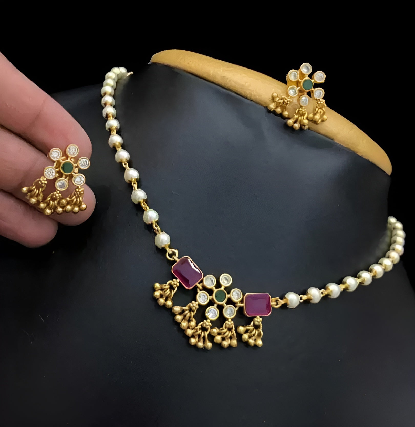 Delicate Pearl String Temple Choker with Ruby & Emerald Accents